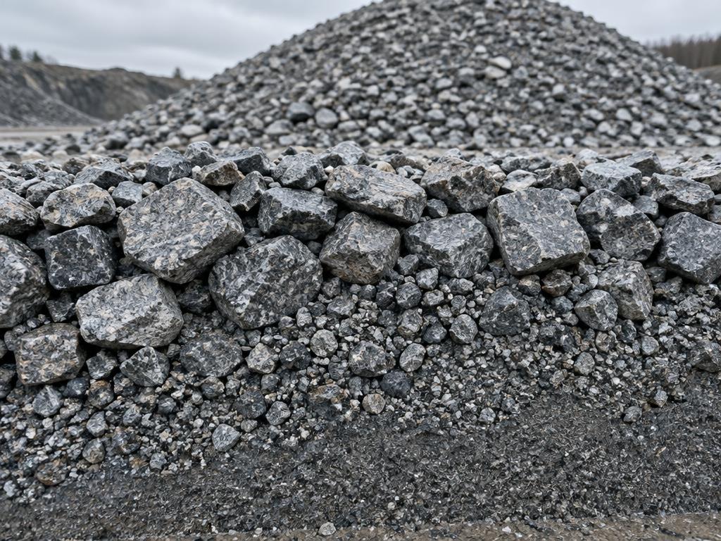 Dense-graded two-inch granite base with coarse stone, chips, and compactable fines